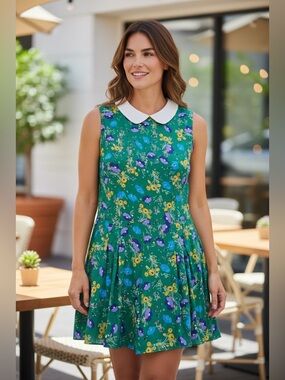 Atmosphere Green Floral Sleeveless Romper with White Peter Pan Collar